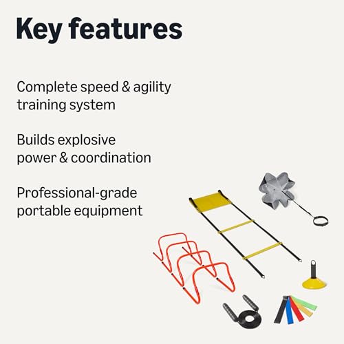 Amazon Basics Sports Agility Ladder Speed Training Equipment Set, 20ft Ladder, 4 Hurdles, 12 Cones, Parachute, Jump Rope, 5 Resistance Bands