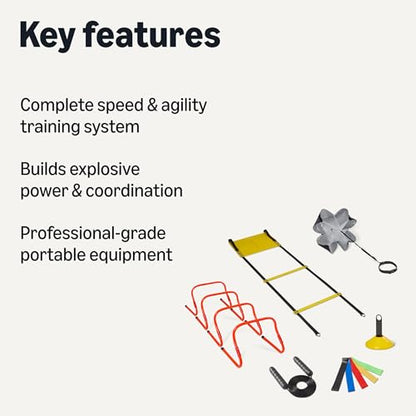 Amazon Basics Sports Agility Ladder Speed Training Equipment Set, 20ft Ladder, 4 Hurdles, 12 Cones, Parachute, Jump Rope, 5 Resistance Bands