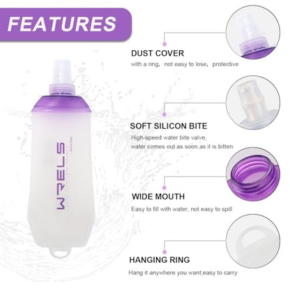 WRELS 200ml/350ml/500ml Collapsible Soft Flask,BPA Free Folding Soft Water Bottle with Hanging Ring,Lightweight TPU Hydration Flask for Running Marathon Cycling Hiking(500ml-2 Packs) - color: Purple-500ml*2