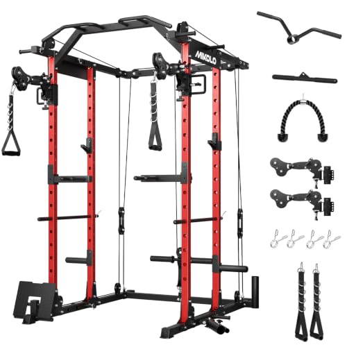 Mikolo Power Cage, Power Rack with Cable Crossover System, 1500LBS Squat Rack with LAT Pull Down System, Workout Cage with Pulley System for Fitness Home Gym - color: Red, style: Package with Pivot Arms