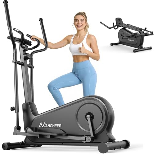 ANCHEER Elliptical Exercise Machine for Home, Foldable Magnetic Elliptical Trainer with 16" Stride, 16 Resistance Levels, Adjustable Pedals, LCD Monitor & Pulse Sensor, 550 LBS Weight Capacity - color: Dark Black