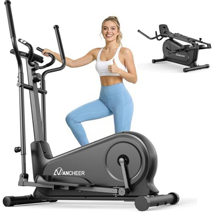 ANCHEER Elliptical Exercise Machine for Home, Foldable Magnetic Elliptical Trainer with 16" Stride, 16 Resistance Levels, Adjustable Pedals, LCD Monitor & Pulse Sensor, 550 LBS Weight Capacity - color: Dark Black