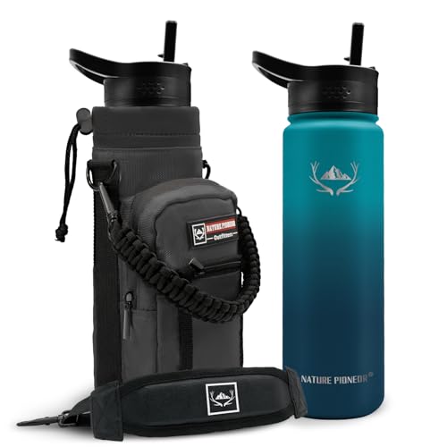 NATURE PIONEOR 24 oz Insulated Water Bottle with Carrier Bag & 3 Lids - color: Malachite Blue, size: 24 Ounces