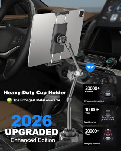 Heavy Duty Metal Cup Holder Tablet Car Mount - Extra Long Arm