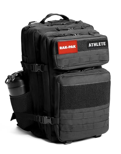 45L Tactical Gym Backpack with 2 Patch Panels, MOLLE System, Dual Bottle Holders & Clamshell Opening - color: Black