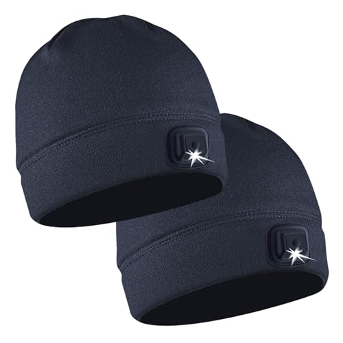 POWERCAP LED Hat Light 150 Lumens Rechargeable Fleece Beanie with Bright Built-in Headlamp Waterproof LED Warm One Size Cap - color: 2-pack Navy Blue