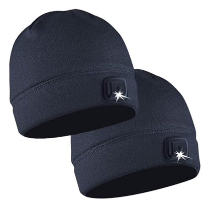 POWERCAP LED Hat Light 150 Lumens Rechargeable Fleece Beanie with Bright Built-in Headlamp Waterproof LED Warm One Size Cap - color: 2-pack Navy Blue