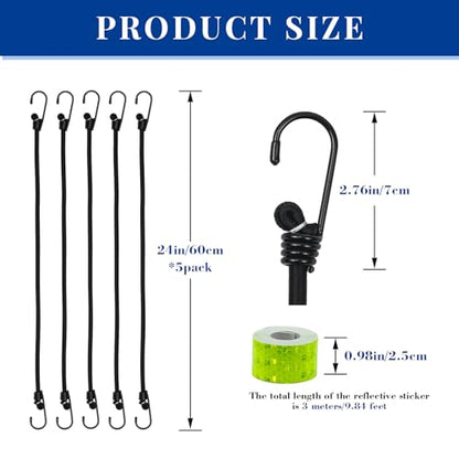 5Pcs 24Inch Bungee Cords with Hooks, Heavy-Duty Weatherproof Outdoor Elastic Straps for Luggage, Camping, Tarps, Bike Racks, Tents or Garden Tidying - size: 24inch×5pcs, Black