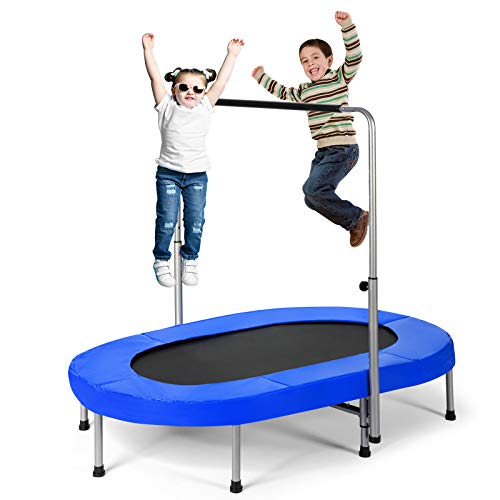 Giantex Mini Trampoline, 2 Persons Foldable Fitness Trampoline w/ 5 Levels Height Adjustable Handle, Max Load 330LBS, Indoor Oval Rebounder Exercise Trampoline for Adult, Kid, Enjoy Parent-child Time - color: Blue