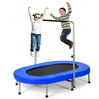 Giantex Mini Trampoline, 2 Persons Foldable Fitness Trampoline w/ 5 Levels Height Adjustable Handle, Max Load 330LBS, Indoor Oval Rebounder Exercise Trampoline for Adult, Kid, Enjoy Parent-child Time - color: Blue