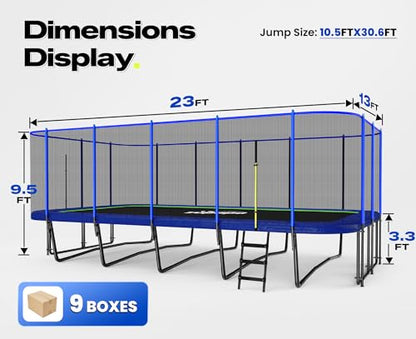 Zupapa 2500LBS Weight Capacity Rectangle Trampoline 13x23FT Outdoor Square Gymnastics Trampolines with 10-Year Quality Assurance for Kids Adults Large Commercial Grade Rectangular Pro Trampoline
