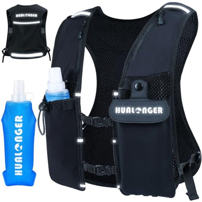Running Hydration Vest for Women Men,Lightweight Breathable Hydration Pack with 500ml Soft Flask, Adjustable Chest Straps Reflective Backpack for Trail Running Marathon Race Jogging Cycling - color: Black