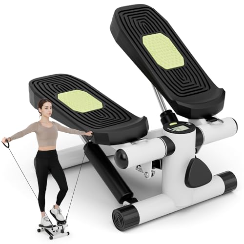 GYMAX Steppers for Exercise at Home, Hydraulic Mini Stair Stepper with Resistance Bands & LCD Monitor, Portable Under Desk Cardio Equipment Step Machine for Home Gym - color: White