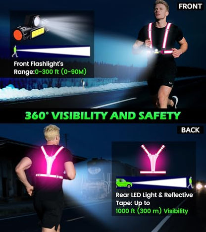 Running Lights for Runners,90°Adjustable LED Reflective Vest Running Gear,Rechargeable Chest Light Up Running Vest Night Walking Safety Gear for Night Walking/Cycling/Jogging - color: Pink