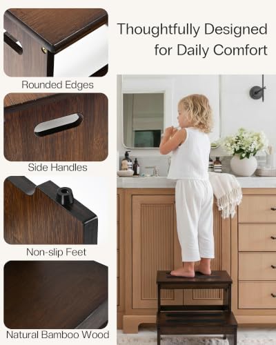 StrongTek Bamboo 2 Step Stool for Adults, 400 lbs Heavy-Duty, Wide Steps - color: Dark Brown