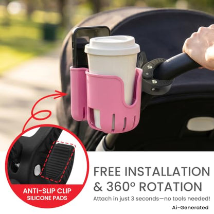 2-in-1 Universal Stroller Cup Holder with Phone Holder - Pink