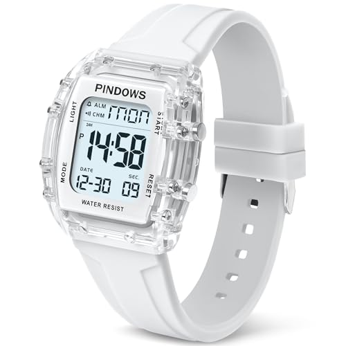 Women Watch for Women Teenagers Watch Outdoor Sports Digital Watches for Ladies Students Waterproof Watches with Alarm Stopwatch Countdown Dual-Time Hourly Chime Function High Brightness Light - color: Transparent white