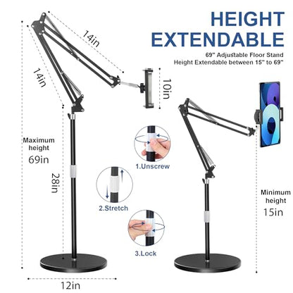 Tablet Floor Stand with 12lb Stable Base Overhead Bed Ipad Phone Holder Mount with Adjustable Height Stretchable Arm for 4.5-13in iPad Pro Air Mini 12.9/9.7, Kindle, Galaxy Tab, CellPhones