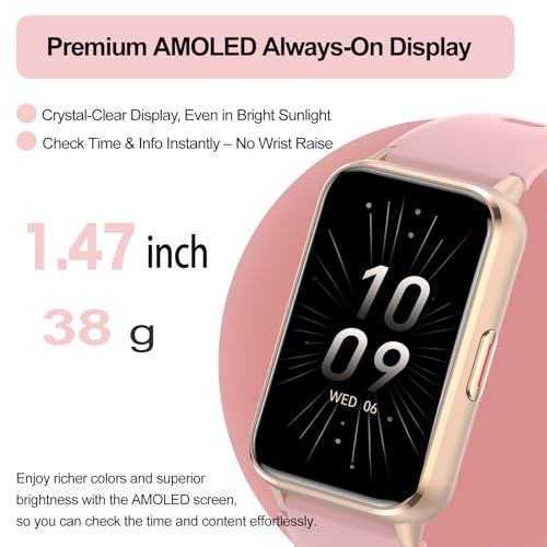 Fitness Tracker (Answer/Make Calls), Smart Watch for Women, with 1.47″ AMOLED Always-On Display, 24/7 Heart Rate, Sleep Tracking, 110+ Sport Modes, Waterproof, Compatible for Android Phone - color: Gold