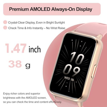 Fitness Tracker (Answer/Make Calls), Smart Watch for Women, with 1.47″ AMOLED Always-On Display, 24/7 Heart Rate, Sleep Tracking, 110+ Sport Modes, Waterproof, Compatible for Android Phone - color: Gold