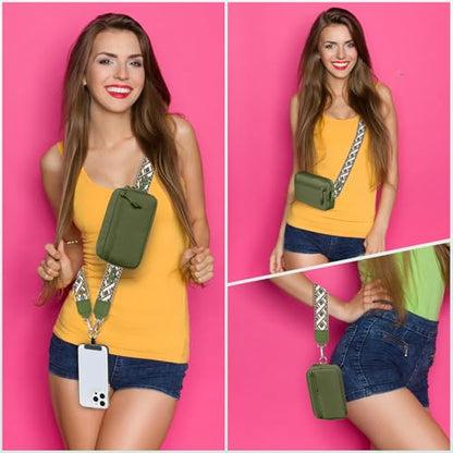 YFWE Clip and Go Strap for Phone with Wallet Crossbody, Adjustable Phone Lanyard with Detachable RFID Wristlet Wallet, Pattern Strap - Olive Green(L) - color: Olive Green, size: Large