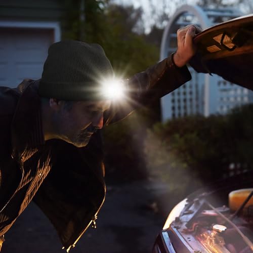 POWERCAP LED Hat Light 150 Lumens Rechargeable Fleece Beanie with Bright Built-in Headlamp Waterproof LED Warm One Size Cap - color: Knit Olive Green 4-pack