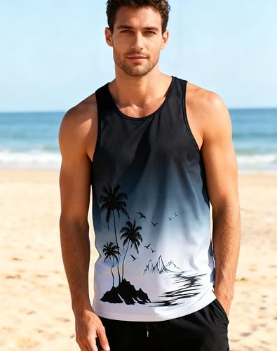 uideazone Mens Beach Tank Tops Summer Graphic Sleeveless Workout Shirt - color: Black Grey, size: XX-Large
