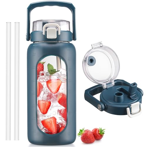 BLUEGO 64oz Glass Water Bottle with Handle and Straw, Motivational Sports Water Bottle with Time Marker and Silicone Sleeve Leakproof Drinking Bottle for Travel Gym Workout, Dark Blue - color: Dark Blue, size: 64 Ounces
