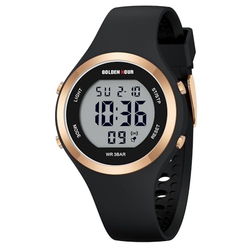 GOLDEN HOUR Waterproof Sport Women's Digital Chronograph Silicone Strap Watch - color: Black