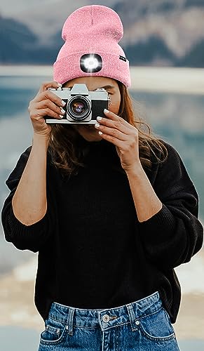 ATNKE LED Lighted Beanie Hat,USB Rechargeable 8 LED Red Glow Flashing Alarm Running Headlamp Cap Gifts for Men and Women - color: #Blended Pink Goldwire