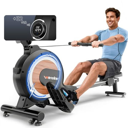 Wenoker Rowing Machine for Home, Magnetic Rower Machine, 350 LB Weight Capacity, 16-Level Silent Resistance Row Machine for Gym Exercise - color: Natural Wood