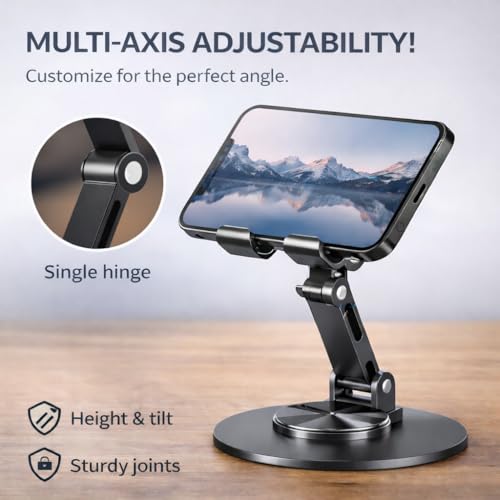 Mizi Universal Metal Phone Stand - 360°/720° Adjustable Rotation Desk Holder, Foldable & Stable with Non-Slip Weighted Base, Compatible with iPhone 17/16/15/14/13/12 Pro Max & All Smartphones - Grey - size: K73