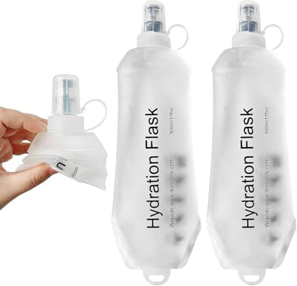 2 Pack 500ml Soft Flask, TPU Collapsible Soft Water Bottle for Hydration Pack, Running Vest, BPA-Free Leak-Proof Folding Water Bottle for Hiking Cycling Climbing