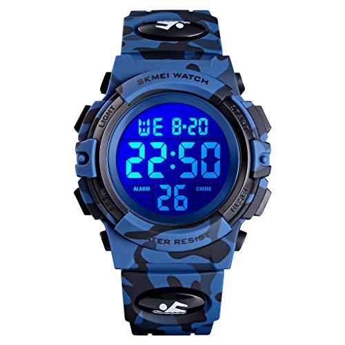 Dayllon Kids Digital Watch Boys Outdoor Sports 50M Waterproof Girls Watches Alarm Clock 12/24 H Stopwatch Calendar for Ages 3-15 Boy Girl Wristwatch Kids Gift - color: Camo Dark Blue X( 8-15 Year Old)