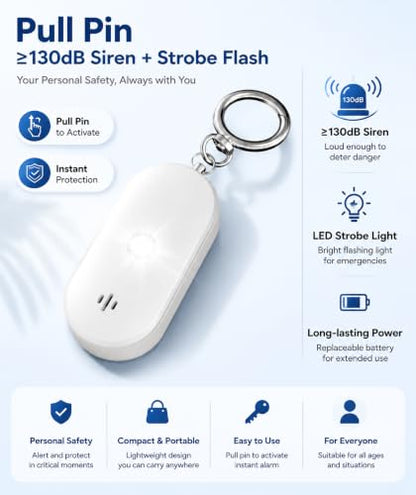 Personal Safety Alarm for Women, 130dB Rechargeable Keychain Alarm with Bluetooth SOS Alerts, Dual Speakers, Strobe Light, Low Battery Reminder, USB-C Emergency Siren for Travel(White) - color: White