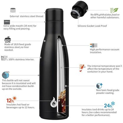 BJPKPK 17 oz Insulated Thermal Metal Water Bottle, Stainless Steel Flask - color: Midnight Black, size: 17 Ounces