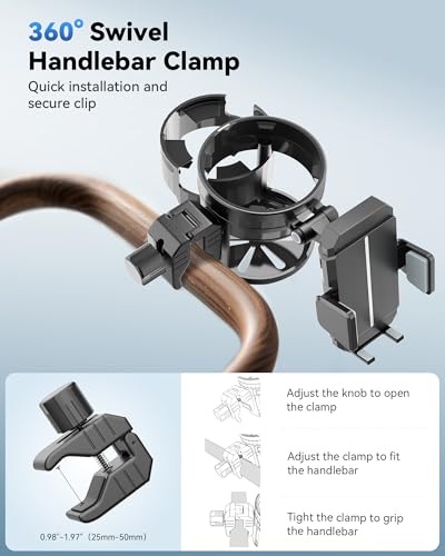 3-in-1 Universal Wheelchair Cup Holder for Walker, 360° Rotating Phone Holder with 2 Drink Holder for Bike, Rollator, Stroller, Scooter, Seniors, Bicycle, Safe and Stable, Black