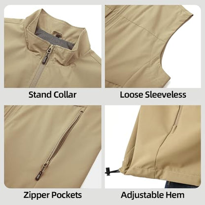 Men's Lightweight Outerwear Vest Softshell Sleeveless Jacket - color: Khaki, size: Large