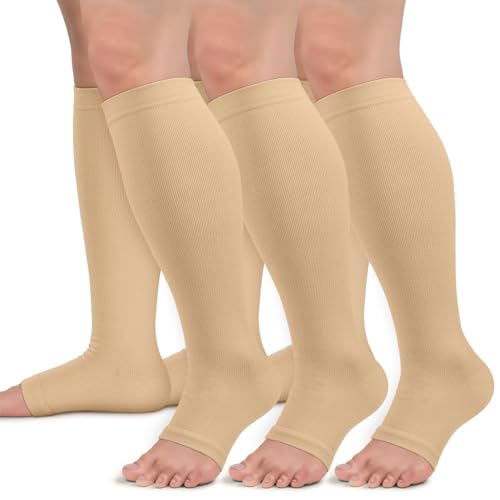 Sooverki Copper Compression Socks for Women & Men Open Toe 15-20mmHg is Best Support for Circulation Recovery All Day Wear - color: 03 Nude, size: Large-X-Large