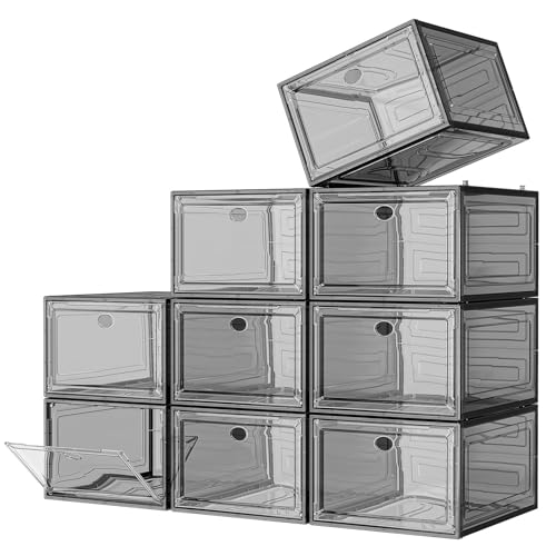 Large Thick Clear Shoe Organizer, Magnetic Door Stackable Shoe Storage Box - color: Black, size: 9 pcs