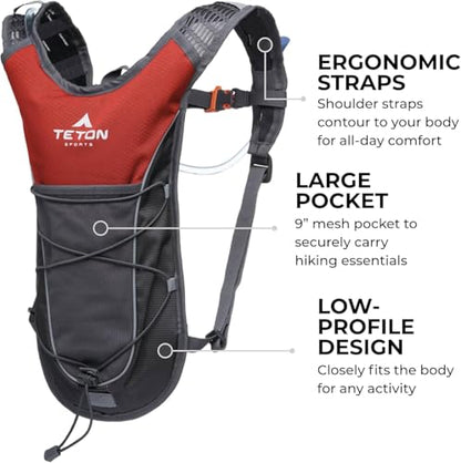 Teton Oasis/Trailrunner Hydration Backpack – Lightweight Water Pack with 2L/3L Bladder for Hiking, Running, Cycling, Biking 18L/22L Sizes – Sewn-in Rain Cover – Fits Men and Women - color: Black, size: 2 Liters