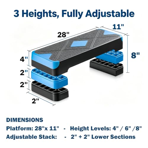 Aerobic Exercise Step Platform, 28-Inch Workout Aerobic Stepper, Height Adjustable Fitness Training Step Deck Trainer with 4 Risers, Non-Slip Surface Bench for Home Gym Cardio Strength 29" x 11.5" x 4" - color: Black-Blue