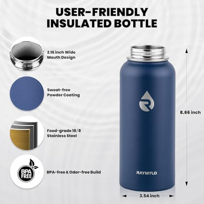 RAYMYLO Insulated Water Bottle 32 oz, Triple Wall Vacuum Stainless Steel - color: Dark Blue, size: 32 Ounces