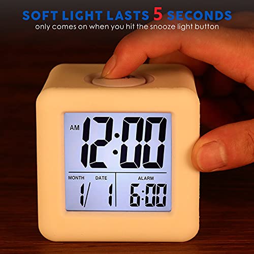 Plumeet Easy to Set Digital Travel Alarm Clock, Snooze Function, Soft Night Light, Large Screen time and Month and Date Display and Alarm, Progressive Sound Alarm and Handy Size (White) - color: White