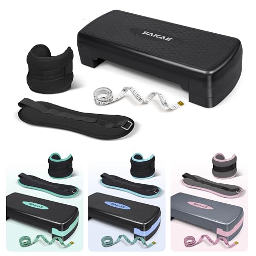 SAKAE Exercise Step Platform Set with Ankle Weights & Measuring Tape, Adjustable Height 2 Level Risers Workout Step Trainer, Aerobic Steppers for Home Gym Exercise Fitness Workout, Multiple Colors - color: Black