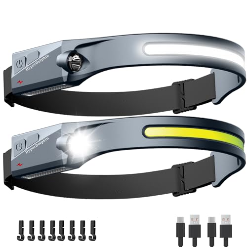 Headlamp Rechargeable LED (2-Pack, Gray) 230° Wide Beam, USB-C Lightweight Head Lamp, Long Runtime, Water-Resistant for Camping, Hiking, Running, Fishing, Repair Work - color: Gray
