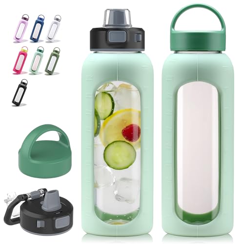Kodrine Glass Water Bottle 32 oz with Straw and 2 Lids, Light Green - color: Light Green, size: 32 Ounces