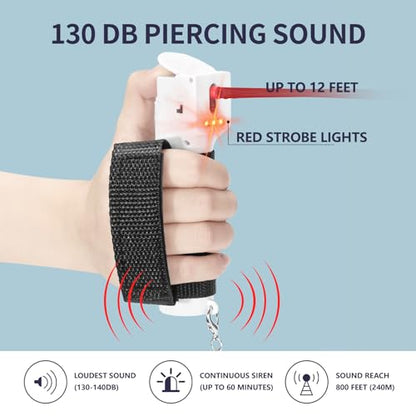 Personal Safety Alarm with Wrist Strap – Pepper Gel Spray with Replaceable Canister, 130dB Siren, Red Strobe Lights, Rechargeable Battery, Self Defense Keychain for Women - color: White