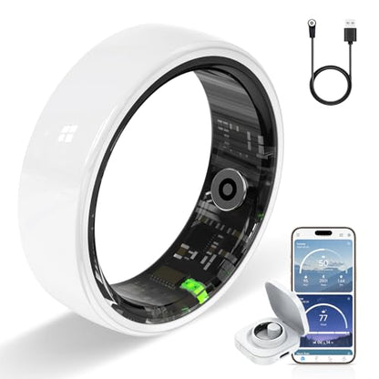 Smart Ring, Ceramics Fitness Tracker & Health Monitoring Ring with Heart Rate/SpO2/HRV/Sleep Tracking, Multi-Sport Activity Tracker, 5ATM Waterproof, iOS Android Compatible (White, 7) - size: 7