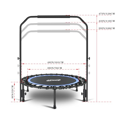 Newan 40" Silent Mini Trampoline with Adjustable Handle Bar Fitness Trampoline Bungee Rebounder Jumping Cardio Trainer Workout for Adults - Max Limit 330 lbs - color: blue